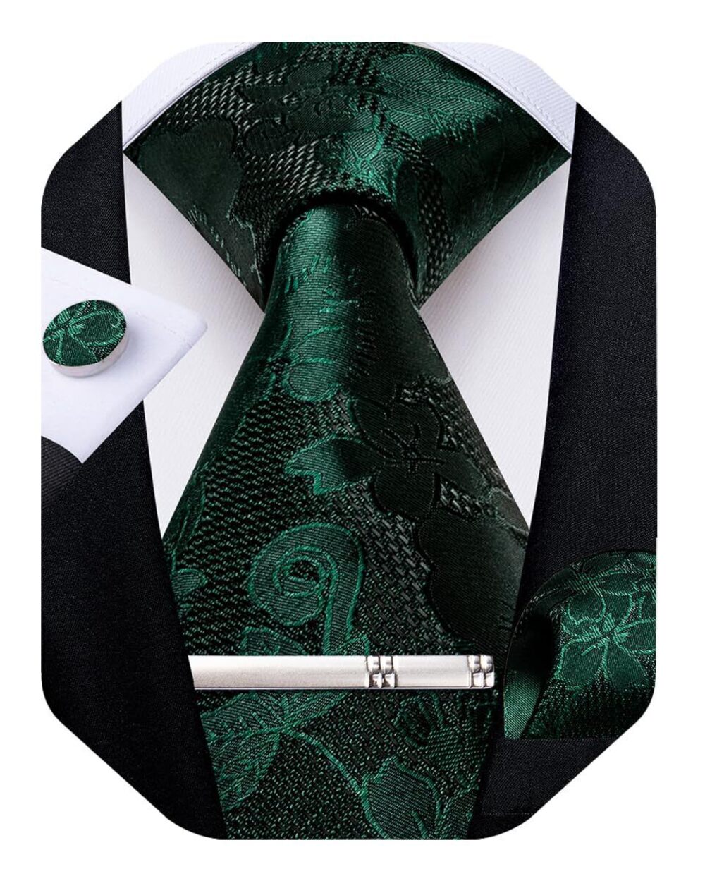 7435 Silk Floral Ties Woven Paisley Necktie and Tie Clip Handkerchief